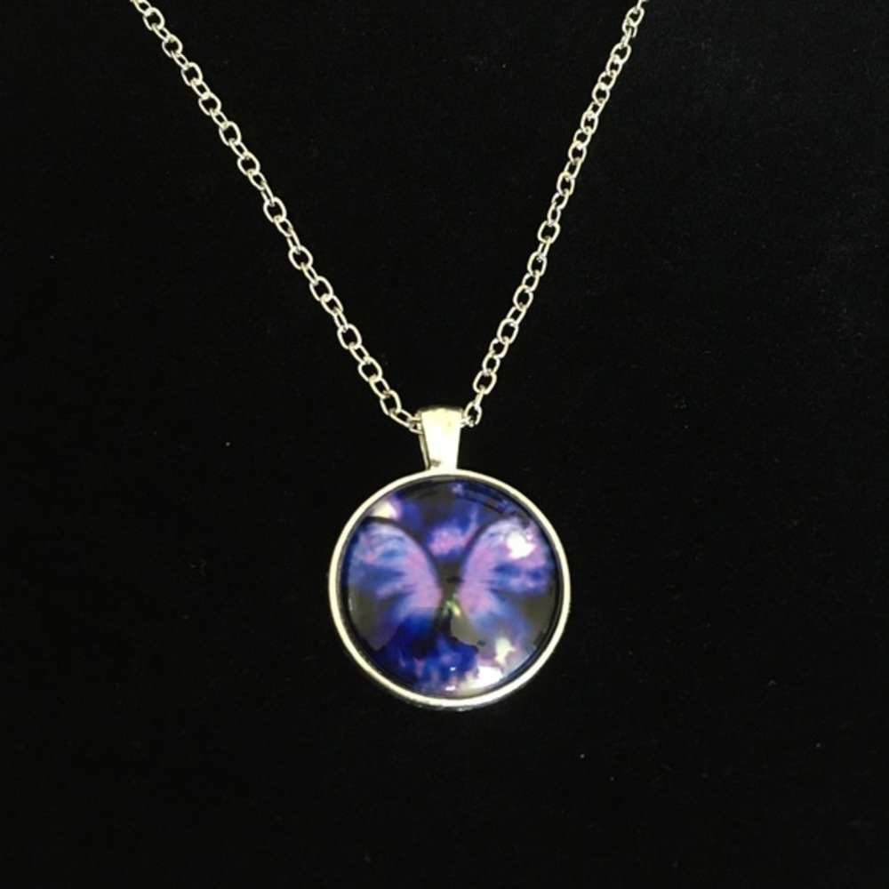 Purple Butterfly Glass Pendant Necklace